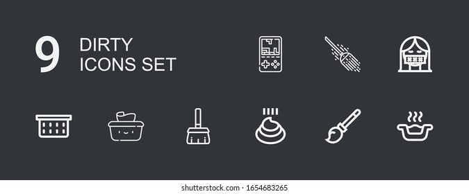 Editable 9 dirty icons for web and mobile. Set of dirty included icons line Litter box, Broomstick, Poo, Broom, Wet wipes, Laundry basket, Censor, Gameboy on dark background