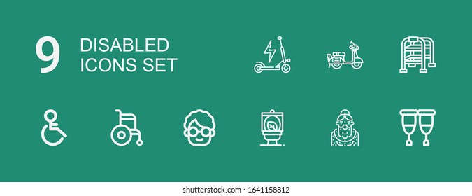 Editable 9 disabled icons for web and mobile. Set of disabled included icons line Crutches, Grandmother, Wc, Wheelchair, Handicap, Walking stick, Scooter on green background