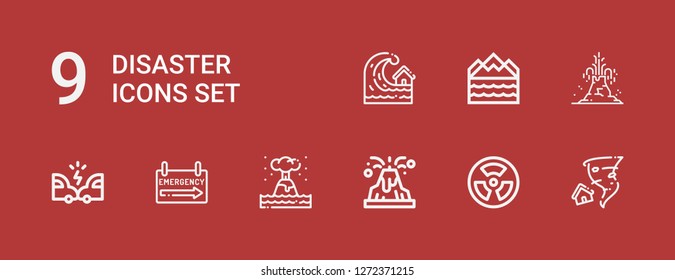 Editable 9 disaster icons for web and mobile. Set of disaster included icons line Tornado, Radiation, Volcano, Eruption, Emergency sign, Accident, Flood, Tsunami on red background