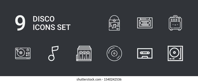 Editable 9 disco icons for web and mobile. Set of disco included icons line Turntable, Cassette, Vinyl, Philharmonic, Musical note, Amplifier on dark background