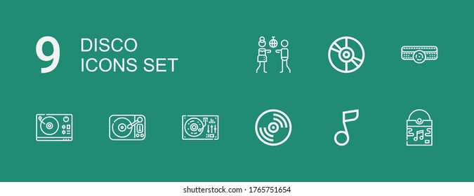 Editable 9 iconos de disco para web y móvil. Conjunto de disco incluido línea de iconos Vinyl, Nota musical, Turntable, Amplifier, Disco sobre fondo verde