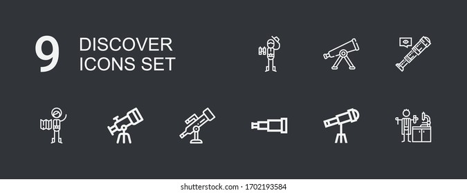 Editable 9 discover icons for web and mobile. Set of discover included icons line Lab technician, Telescope, Explorer on dark background