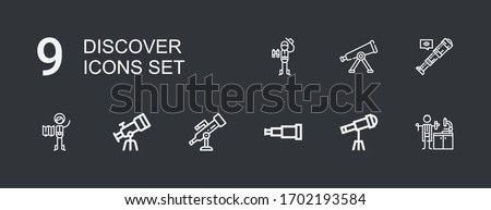 Editable 9 discover icons for web and mobile. Set of discover included icons line Lab technician, Telescope, Explorer on dark background