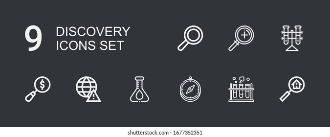 Editable 9 discovery icons for web and mobile. Set of discovery included icons line Search, Chemistry, Compass, Flask, Worldwide, Magnifying glass, Tubes, Zoom on dark background