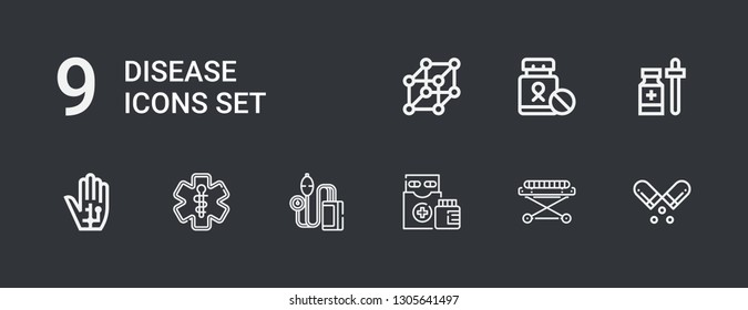 Editable 9 disease icons for web and mobile. Set of disease included icons line Pill, Stretcher, Medicines, Pressure, Pharmacy, Radiography, Medicine, Cells on dark background