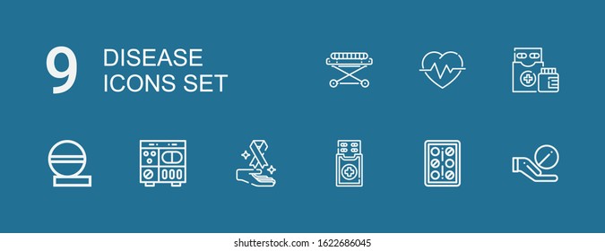 Editable 9 disease icons for web and mobile. Set of disease included icons line Pill, Pills, Medicine, Cancer, Medicines, Cardiogram, Stretcher on blue background