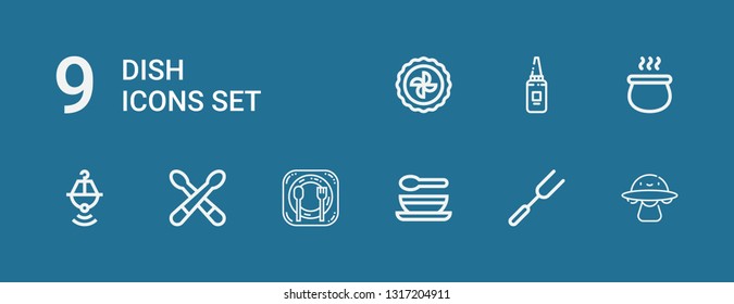 Editable 9 dish icons for web and mobile. Set of dish included icons line Ovni, Fork, Soup, Restaurant, Drumsticks, Pot, Mayonnaise, Pie on blue background