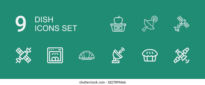 Iconos editables de 9 platos para web y móvil. Conjunto de platos incluidos íconos línea Satélite, Pie, antena parabólica, croissant, lavavajillas, Almuerzo sobre fondo verde
