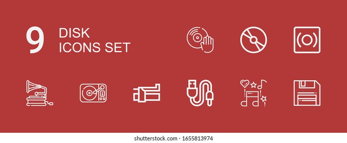 Editable 9 disk icons for web and mobile. Set of disk included icons line Diskette, Music, Usb, Brake, Turntable, Gramophone, Record, Cd, Vinyl on red background