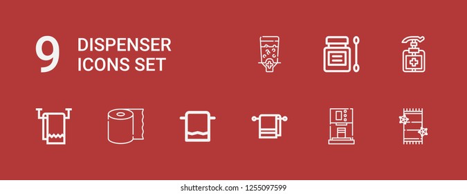 Editable 9 dispenser icons for web and mobile. Set of dispenser included icons line Towel, Coffee machine, Tissue, Antiseptic, Dispenser on red background
