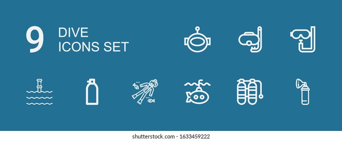 Editable 9 dive icons for web and mobile. Set of dive included icons line Oxygen, Oxygen tank, Submarine, Scuba diving, Underwater, Dive, Diving, Aqualung on blue background