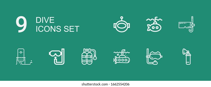 Editable 9 dive icons for web and mobile. Set of dive included icons line Oxygen, Snorkel, Submarine, Dive, Diving mask, Aqualung on green background