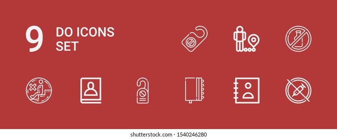 Editable 9 do icons for web and mobile. Set of do included icons line No drugs, Agenda, Door hanger, No sitting, No alcohol, Restriction on red background