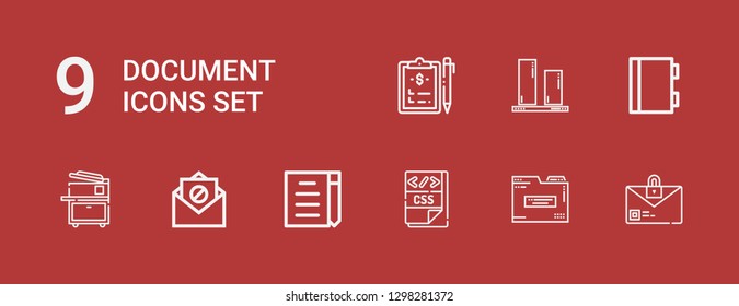 Editable 9 document icons for web and mobile. Set of document included icons line Email, Folder, Css, Draft, Copy machine, Notebook, Vertical align, Clipboard on red background