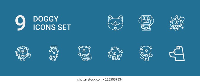 Editable 9 doggy icons for web and mobile. Set of doggy included icons line Dog on blue background