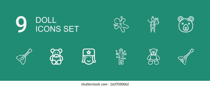 Editable 9 doll icons for web and mobile. Set of doll included icons line Balalaika, Bear, Voodoo, Russian, Teddy bear, Stuffed animal on green background