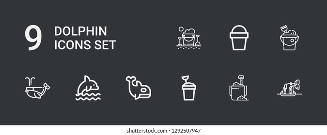 Editable 9 dolphin icons for web and mobile. Set of dolphin included icons line Whale, Sand bucket, Orca, Dolphin on dark background