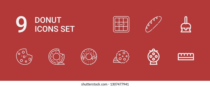 Editable 9 donut icons for web and mobile. Set of donut included icons line Chocolate bar, Candy, Cookie, Donut, Bread, Waffle on red background