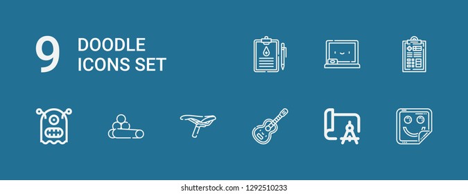 Editable 9 doodle icons for web and mobile. Set of doodle included icons line Sticker, Drawing, Guitar, Saddle, Chalk, Monster, Medical history, Chalkboard on blue background