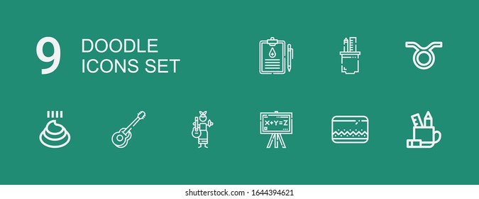 Editable 9 doodle icons for web and mobile. Set of doodle included icons line Pencil case, Chalkboard, Guitar, Poo, Taurus, Medical history on green background