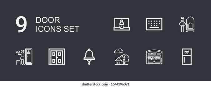 Editable 9 Door Icons For Web And Mobile. Set Of Door Included Icons Line Refrigerator, Hangar, House, Bell, Double Door, Lockers, Bellhop, Keypad, Login On Dark Background