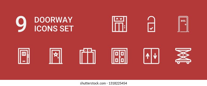 Editable 9 doorway icons for web and mobile. Set of doorway included icons line Elevator, Double door, Door, Doorknob, Lift on red background