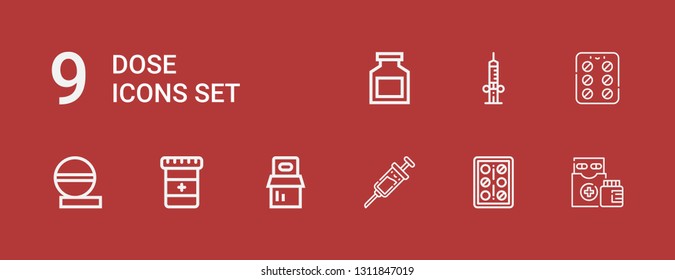 Editable 9 dose icons for web and mobile. Set of dose included icons line Medicines, Pills, Vaccine, Medicine, Contraceptive pills, Syringe, Drug on red background