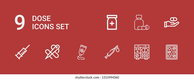 Editable 9 dose icons for web and mobile. Set of dose included icons line Pills, Syringe, Medicine, Needle, Painkiller on red background