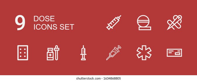 Editable 9 dose icons for web and mobile. Set of dose included icons line Medicine, Vaccine, Syringe, Pills, Needle on red background