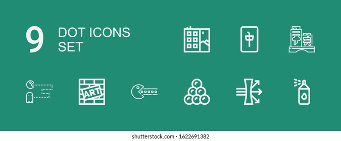 Editable 9 dot icons for web and mobile. Set of dot included icons line Paint spray, Dispersion, Round shot, Pacman, Graffiti, Mahjong on green background