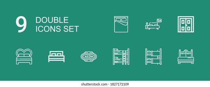 Editable 9 iconos dobles para web y móvil. Juego de dos íconos incluidos línea Bed, Bunk, Casino, Doble puerta, Dormitorio sobre fondo verde