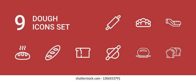 Editable 9 dough icons for web and mobile. Set of dough included icons line Bread, Bun, Rolling pin on red background