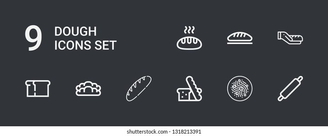 Editable 9 dough icons for web and mobile. Set of dough included icons line Rolling pin, Pasta, Bread on dark background