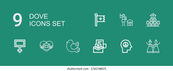 Editable 9 dove icons for web and mobile. Set of dove included icons line Wedding, Peace, Pigeon, Honeymoon, Cemetery, Human rights, Christian on green background