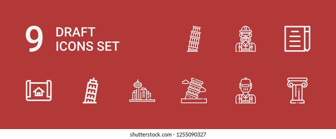 Editable 9 draft icons for web and mobile. Set of draft included icons line Architecture, Engineer, Pisa, House plan, Draft on red background