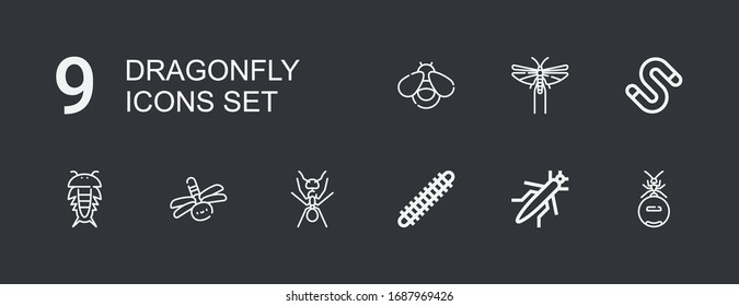 Editable 9 dragonfly icons for web and mobile. Set of dragonfly included icons line Ant, Grasshopper, Centipede, Dragonfly, Insect, Worm, Locust, Firefly on dark background