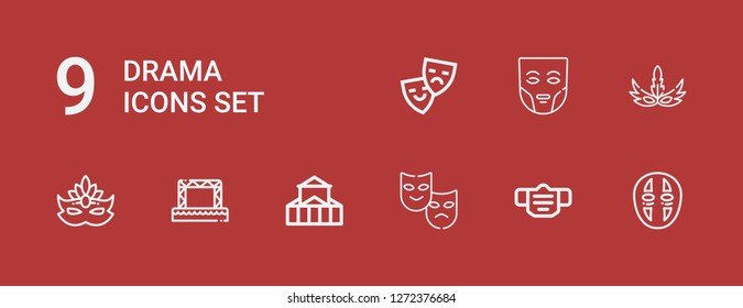 Editable 9 drama icons for web and mobile. Set of drama included icons line Mask, Theater, Stage on red background