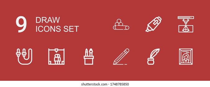 Editable 9 draw icons for web and mobile. Set of draw included icons line Painting, Inkwell, Edit, Pencil case, d printer, Skip rope, Highlighter, Chalk on red background