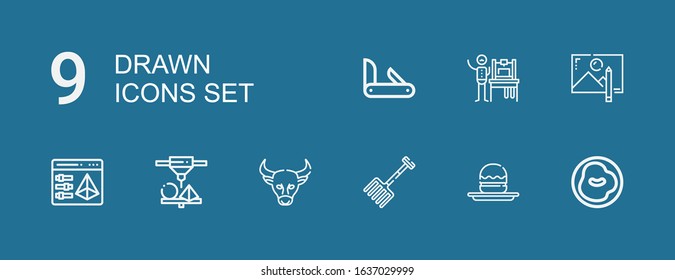 Editable 9 drawn icons for web and mobile. Set of drawn included icons line Chili, Profiterole, Rake, Buffalo, d printing, Drawing, Penknife on blue background