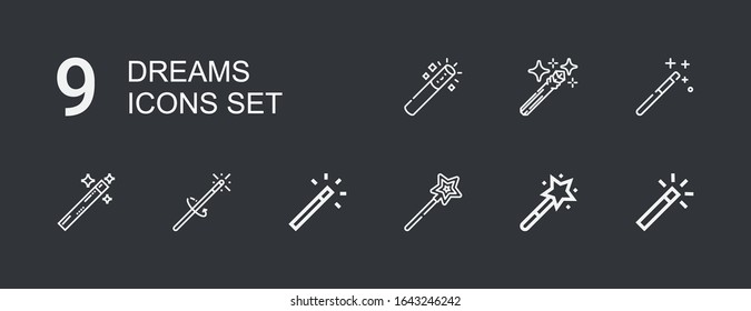 Editable 9 iconos de sueños para web y móvil. Conjunto de sueños incluidos iconos línea Varita mágica sobre fondo oscuro