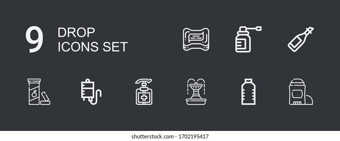 Iconos editables 9 para web y móvil. El conjunto de gota incluía íconos línea Deodorant, Agua, Fuente, Antiséptico, Transfusión de Sangre, Vitamina c, Aceite, Spray, Jabón sobre fondo oscuro