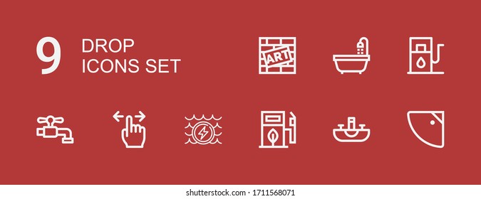 Editable 9 drop icons for web and mobile. Set of drop included icons line Shower, Sink, Eco fuel, Water, Tap, Gas station, Bathtub, Graffiti on red background