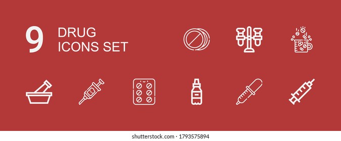 Editable 9 drug icons for web and mobile. Set of drug included icons line Syringe, Pipette, Medicine, Contraceptive pills, Mortar, Drugs, Test tube, Pills on red background