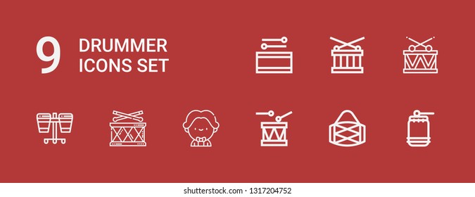 Editable 9 drummer icons for web and mobile. Set of drummer included icons line Drum, Musician on red background