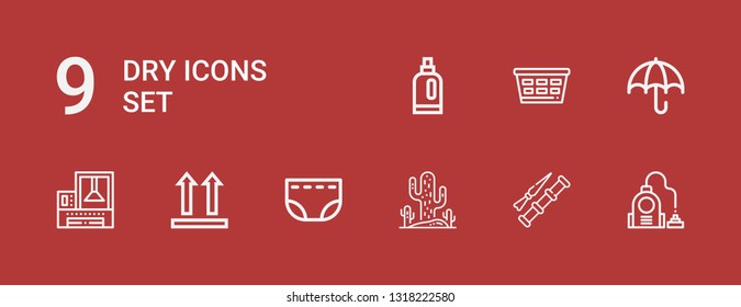 Editable 9 dry icons for web and mobile. Set of dry included icons line Vacuum, Spike, Cactus, Diaper, Side up, Machine, Umbrella, Laundry, Detergent on red background