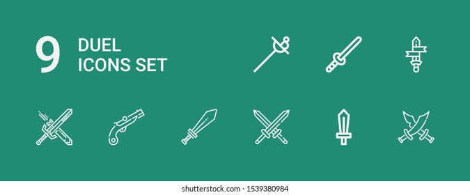 Editable 9 duel icons for web and mobile. Set of duel included icons line Swords, Sword, Musket on green background