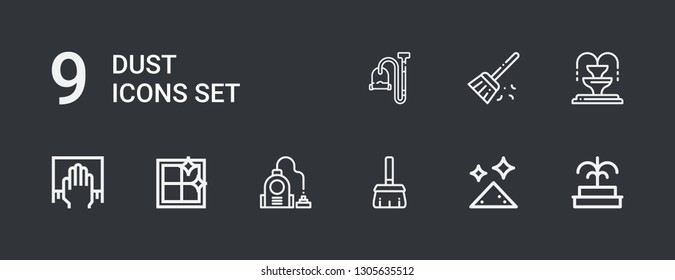 Editable 9 dust icons for web and mobile. Set of dust included icons line Fountain, Dust, Broom, Vacuum, Clean window, Cleaning, Sweep on dark background