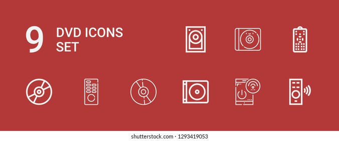 Editable 9 dvd icons for web and mobile. Set of dvd included icons line Remote control, Dvd, Cd, Compact disc, Hard disk on red background