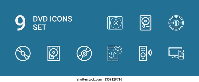 Editable 9 dvd icons for web and mobile. Set of dvd included icons line Remote control, Compact disc, Hard disc, Cd, Hard drive on blue background
