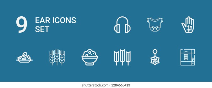 Editable 9 ear icons for web and mobile. Set of ear included icons line Cereal, Belly piercing, Wheat, Rice, Radiography, Body, Headphones on blue background